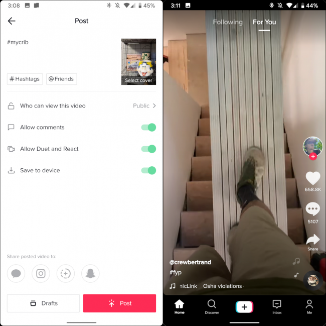 The "Post" menu in TikTok. 