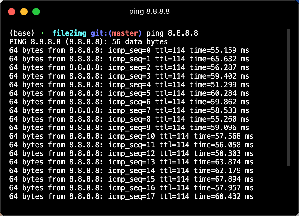 运行 'ping 8.8.8.8'。终端充满了结果，显示ping的返回时间在50-60毫秒之间