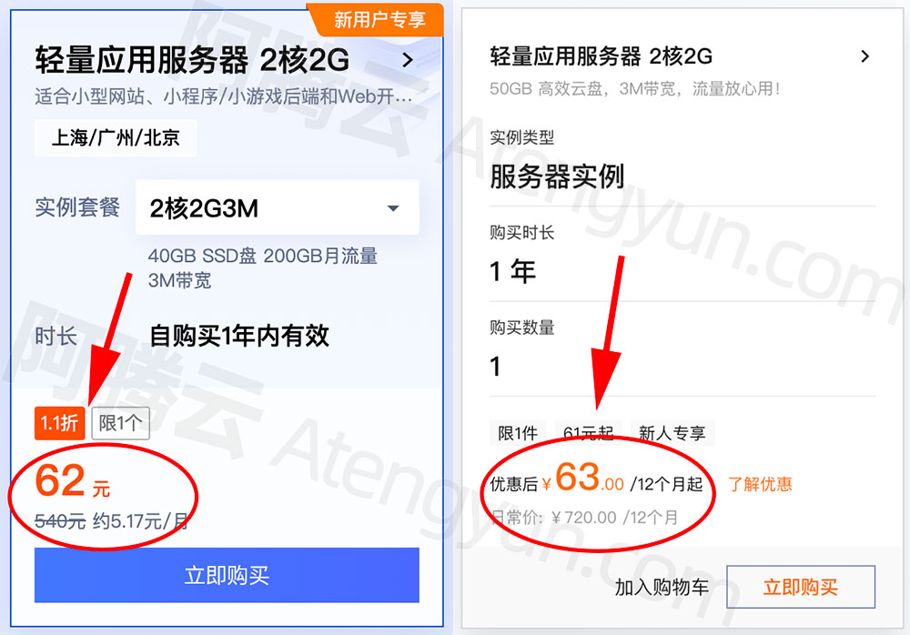 轻量应用服务器2核2G3M带宽腾讯云和阿里云价格1元之争？