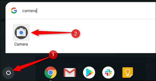 Tap the Search button, then type Camera to find the Camera app