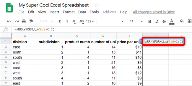 click an empty cell and type "=ARRAYFORMULA(<column1> * <column2>)" into the formula entry field.