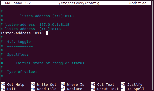 The new listen-address setting in the privoxy config file in nano, in a terminal window.