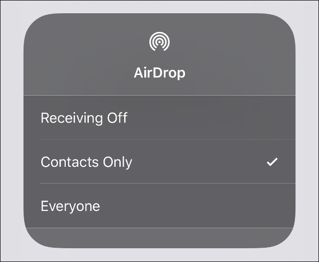 The AirDrop visibility menu in iOS.