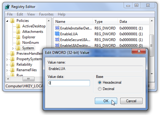 Disable UAC Regedit