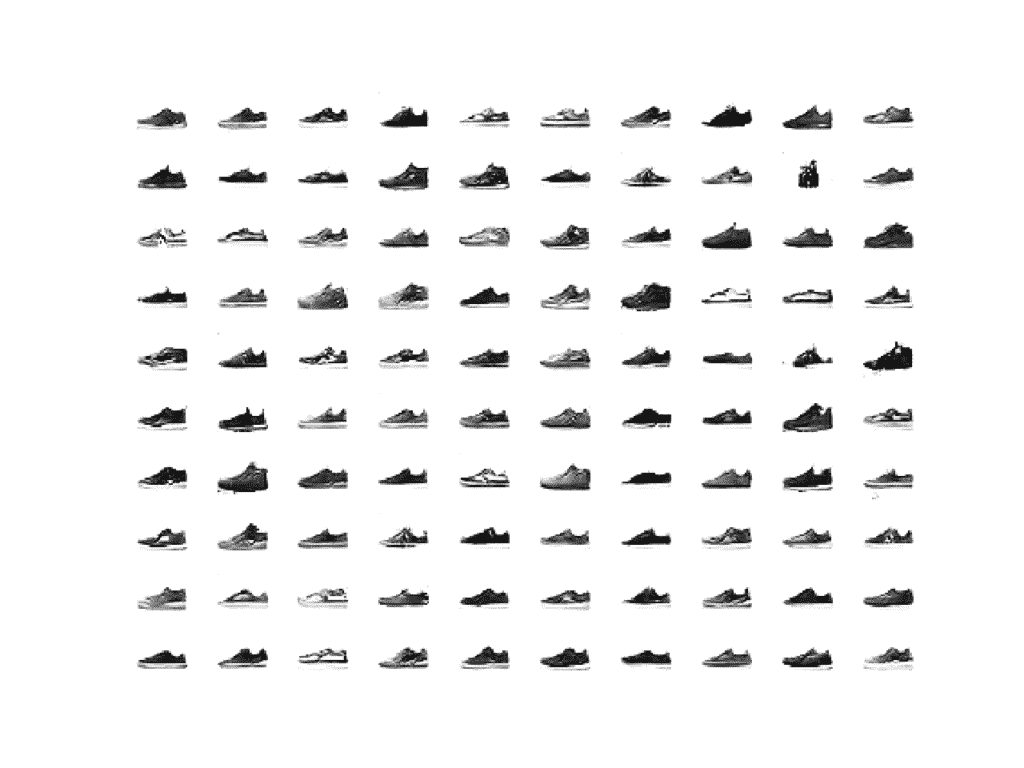 Example of 100 Photos of Sneakers Generated by an AC-GAN