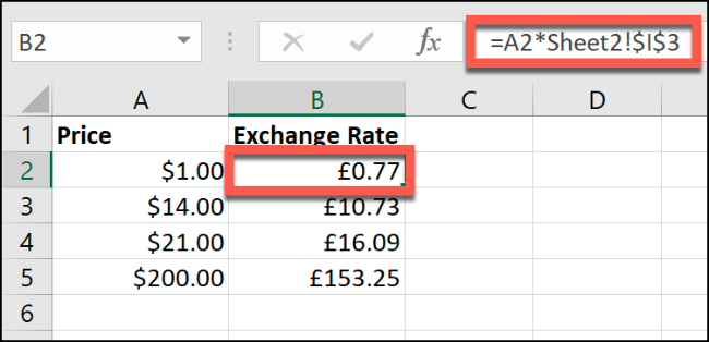 The "=A2*Sheet2!$I$3" formula and cell B2 highlighted in an Excel spreadsheet.