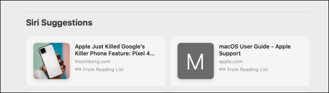 Siri Suggestions section in Safari on Mac