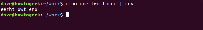 "echo one two three | rev" in a terminal window.