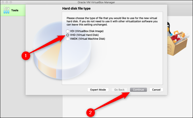 Select "VHD (Virtual Hard Disk)," and then click "Continue."
