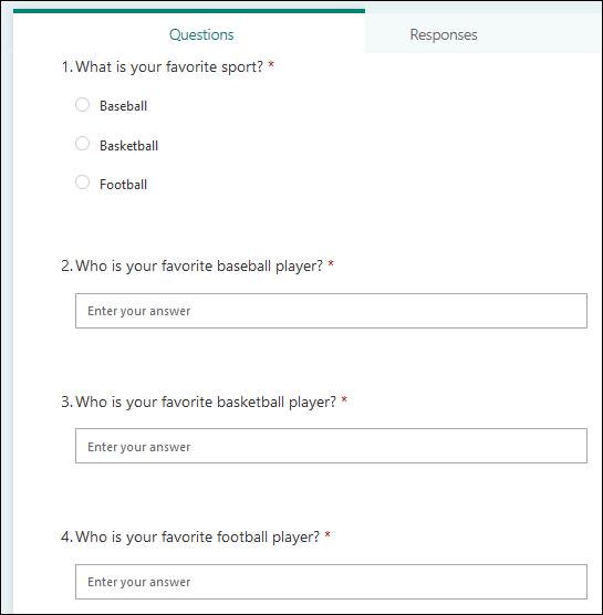 The complete form, with 1 choice question and 3 text questions.