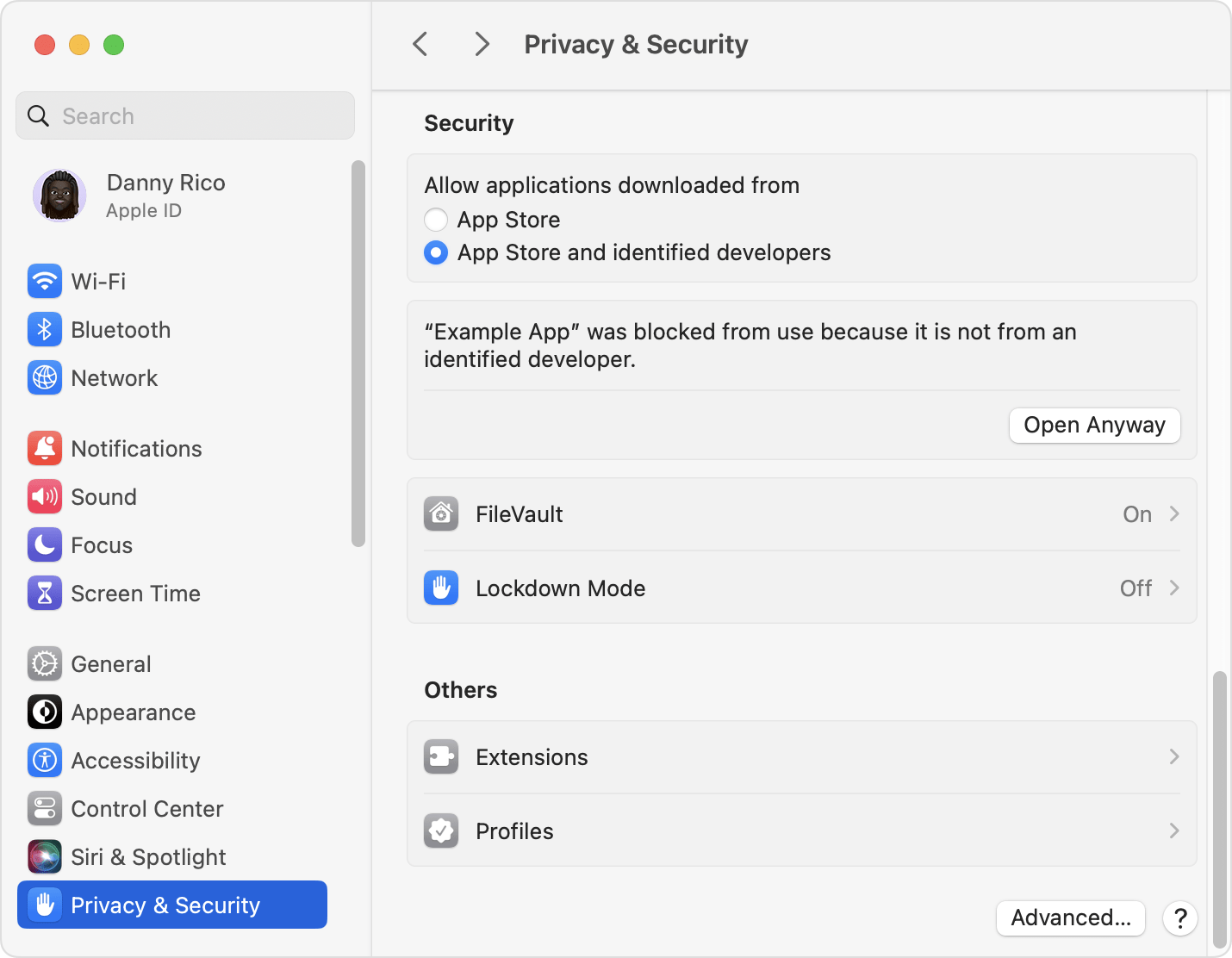 macOS Sonoma，系统设置，隐私与安全性，已阻止 App，并非来自被认可的开发者，仍要打开
