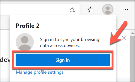 To sign your Microsoft Edge profile into a Microsoft Account, press the profile icon in the top-right, then click Sign In
