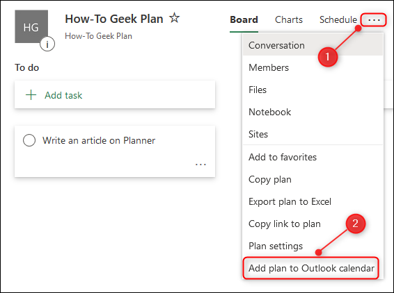 The Planner context menu with the "Add plan to Outlook calendar" option highlighted.