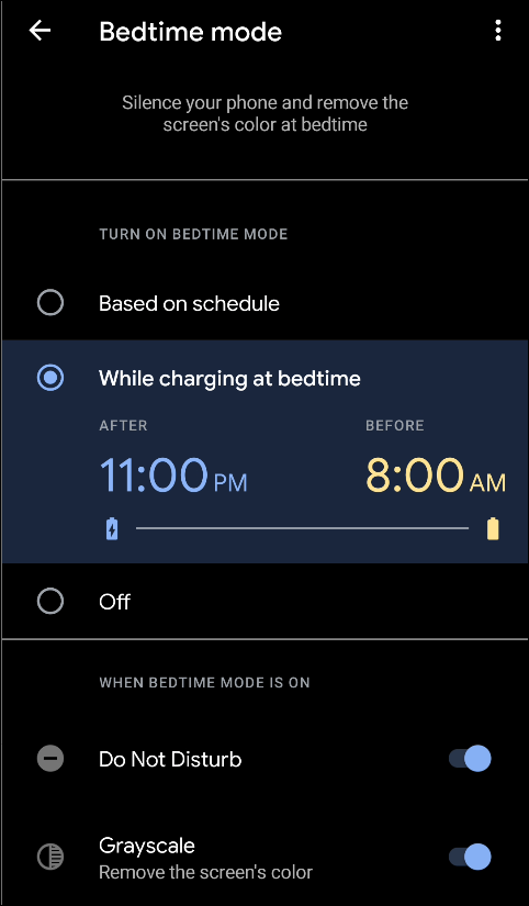 Tap "While Charging at Bedtime" to turn on "Bedtime Mode" while the device is charging.