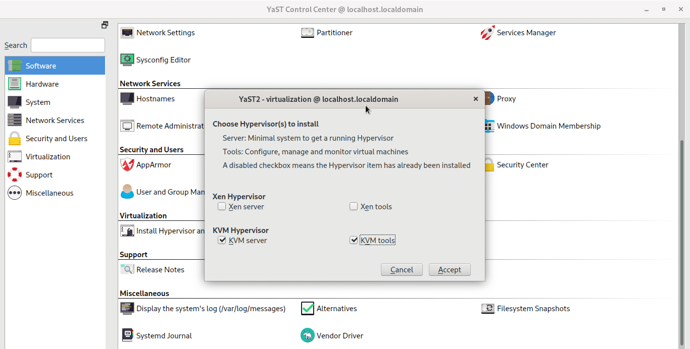 Install kvm server and kvm tools in opensuse tumbleweed