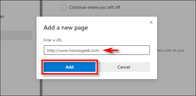 In Edge Settings, enter a website address, then click "Add."