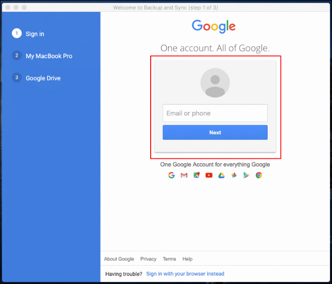 Sign in to your Google Account on the first launch of Google Backup and Sync on Mac
