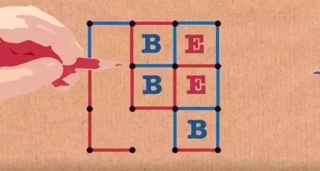 仔细看这步棋,当红色选择画上右下角线条时,蓝色就有机会画一条线形成