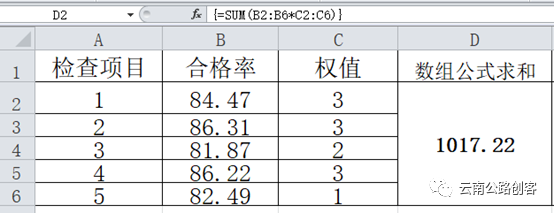 excel将在公式两边自动加上花括号)加权合格率(d2=d2/sum(c2:c6