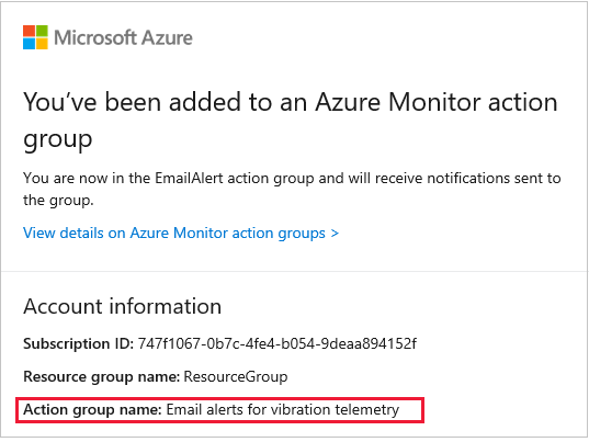 屏幕截图显示了将电子邮件地址添加到 Azure Monitor 操作组时收到的电子邮件。