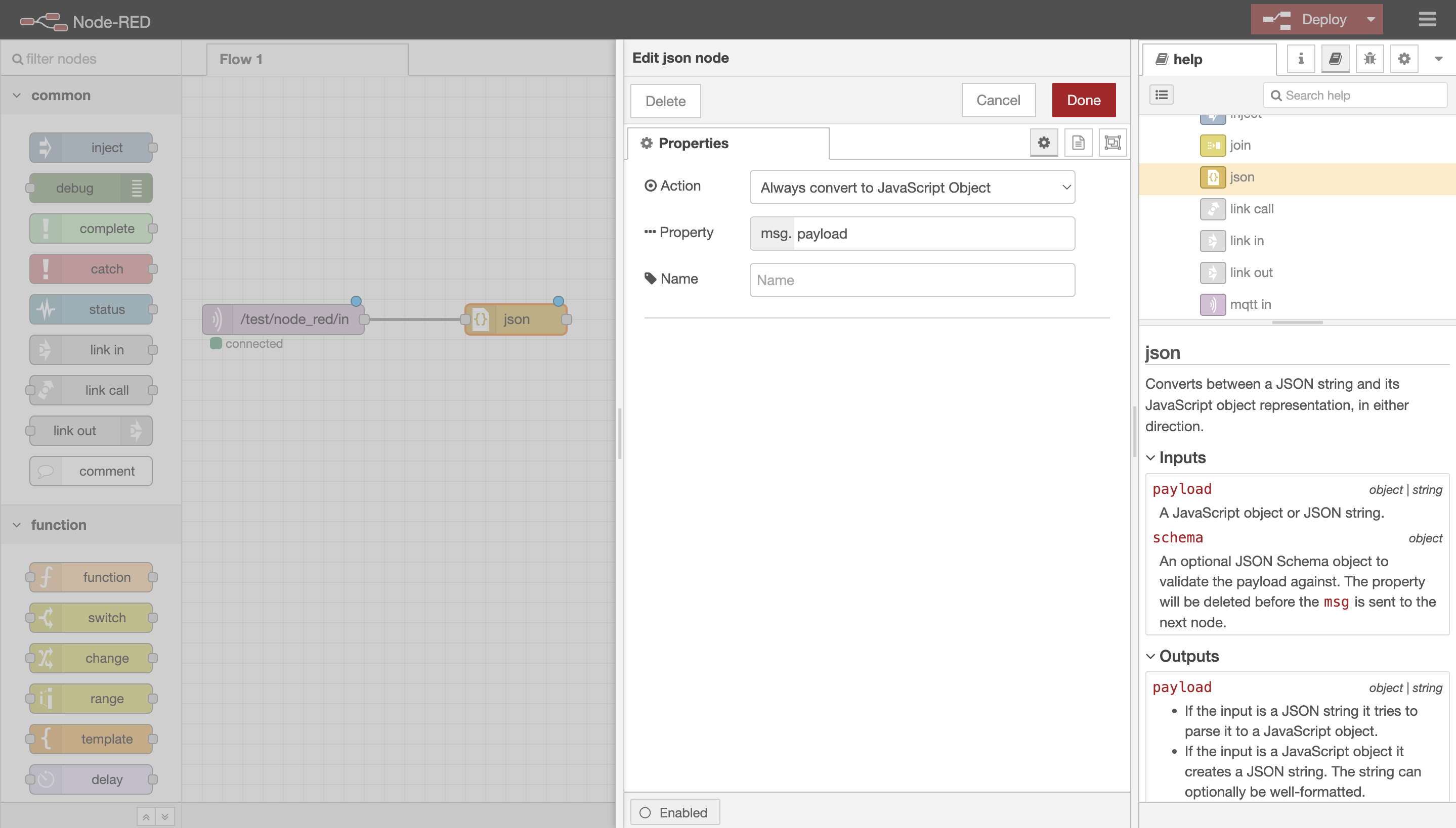 Node-RED JSON node