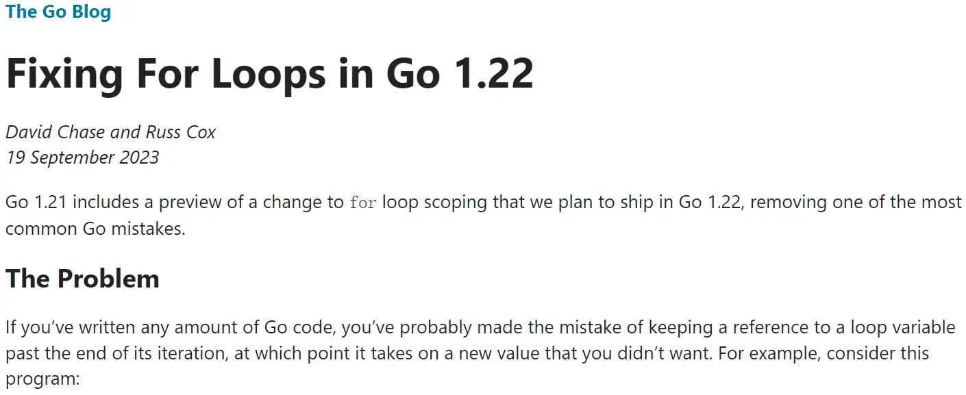 Go 1.22 将修复 for 循环变量错误Go 1.22 将修复 for 循环变量错误