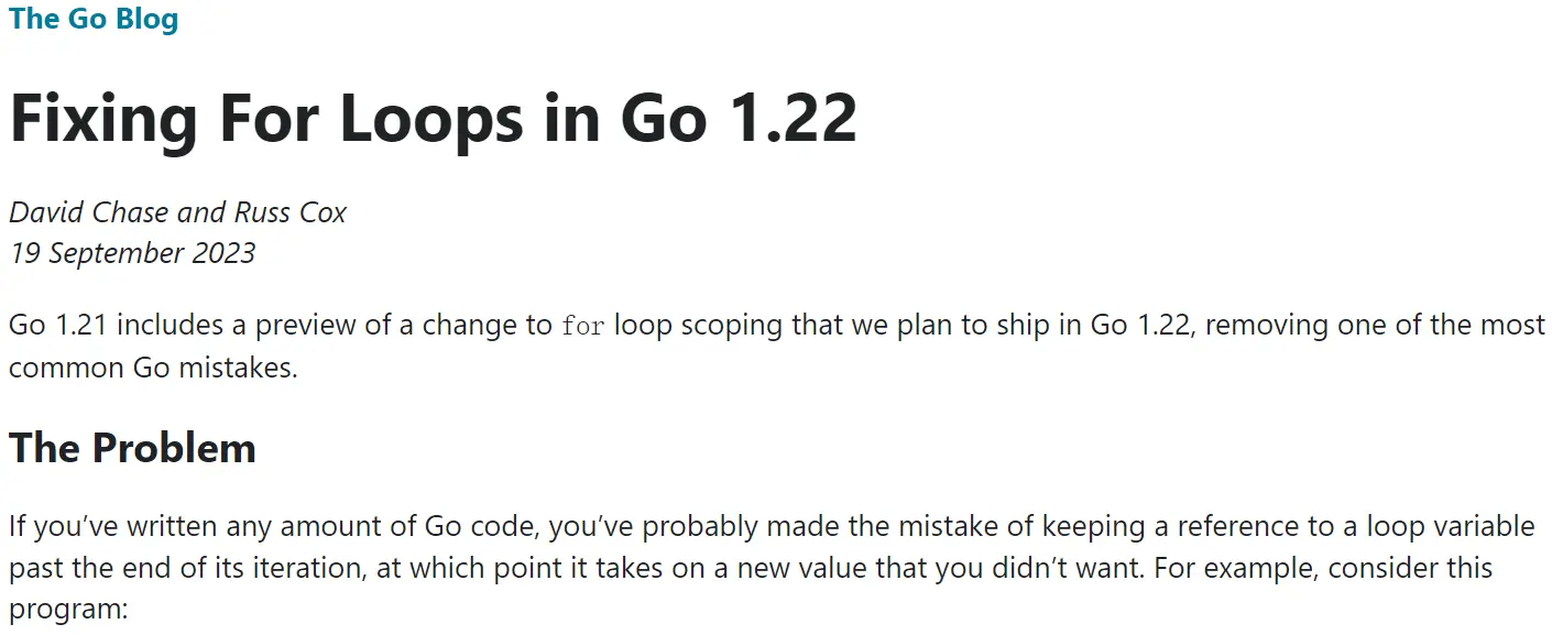 Go 1.22 将修复 for 循环变量错误