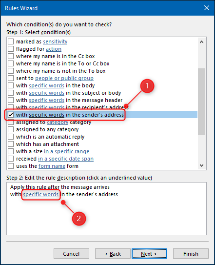 The "with specific words in the sender's address" option in the Rules Wizard.