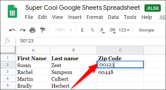 When typing in a number that has a leading zero, place an apostrophe (') at the beginning of the number.