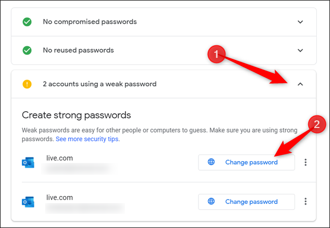 If there are any warnings/alerts, click on the section with the alert, and click "Change password" to redirect to the account management page for that website.