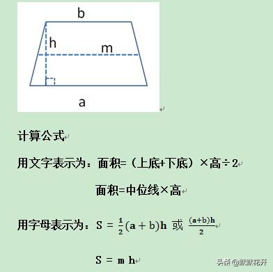 梯形计算公式用文字表示为:面积=(上底 下底)×高÷2面积=中位线×高