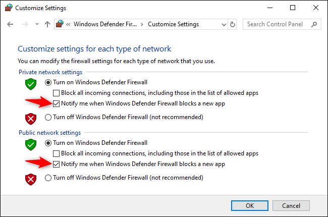 Uncheck the "Notify me when Windows Defender Firewall blocks a new app" option under both Private and Public Network Settings.