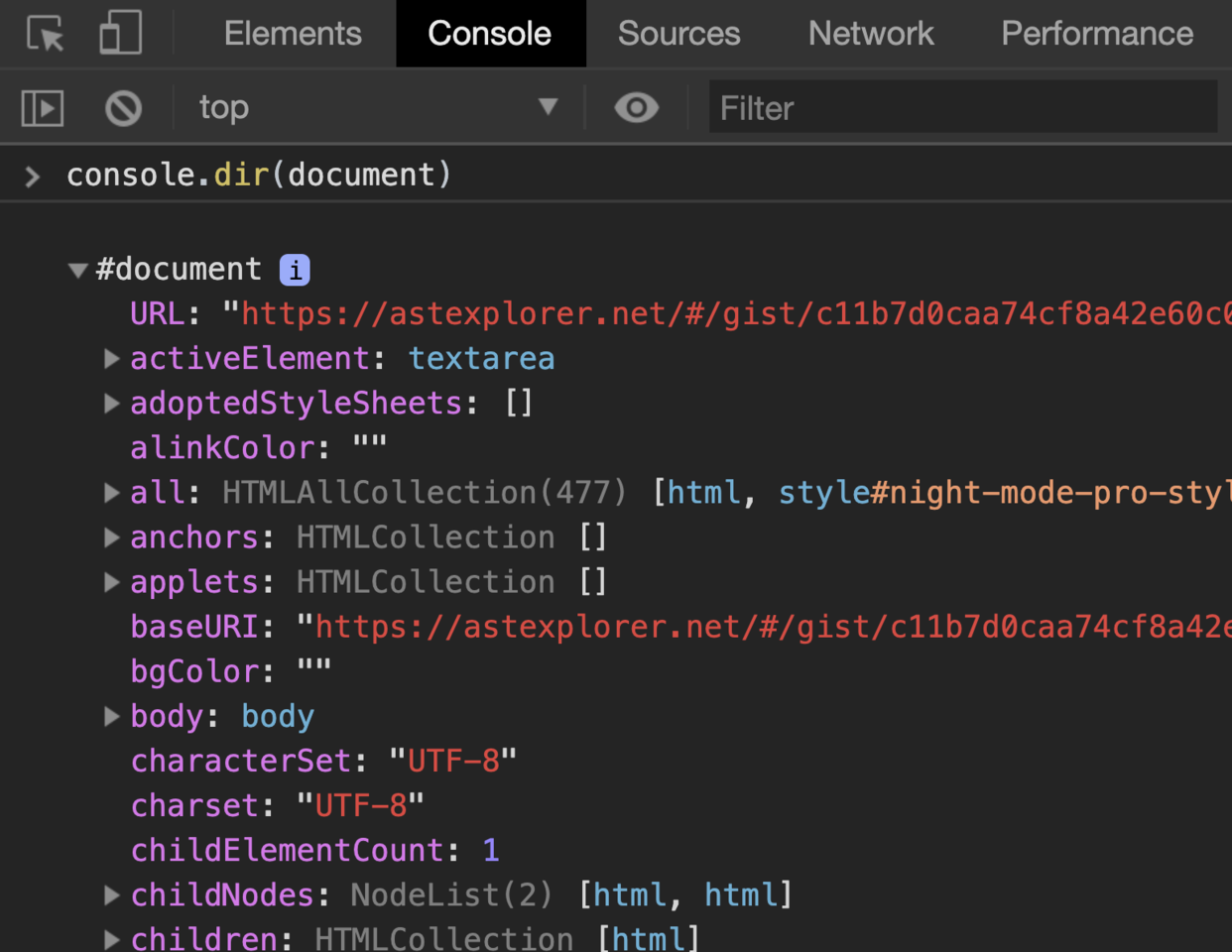 复制代码需要使用console.dir(document)来查看其属性.