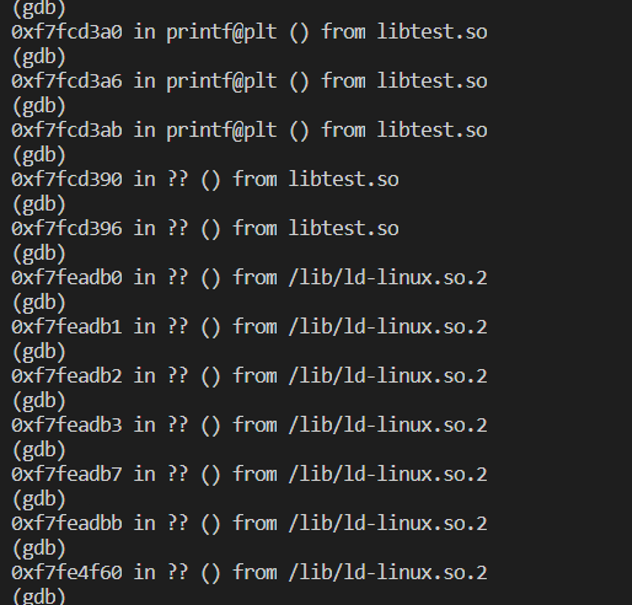 图2.12 通过gdb si单步调试可以查看程序在运行时调用了ld进行动态链接