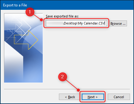 The "Import and Export Wizard" with the file name option highlighted.
