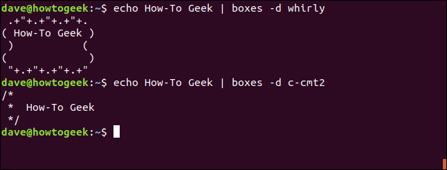 "echo How-To Geek | boxes -d whirly" in a terminal window.