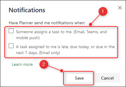 The Planner Notifications options.