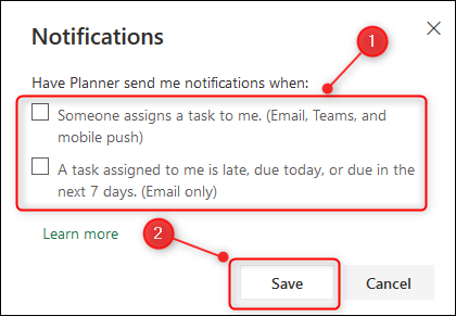 the planner notifications options.