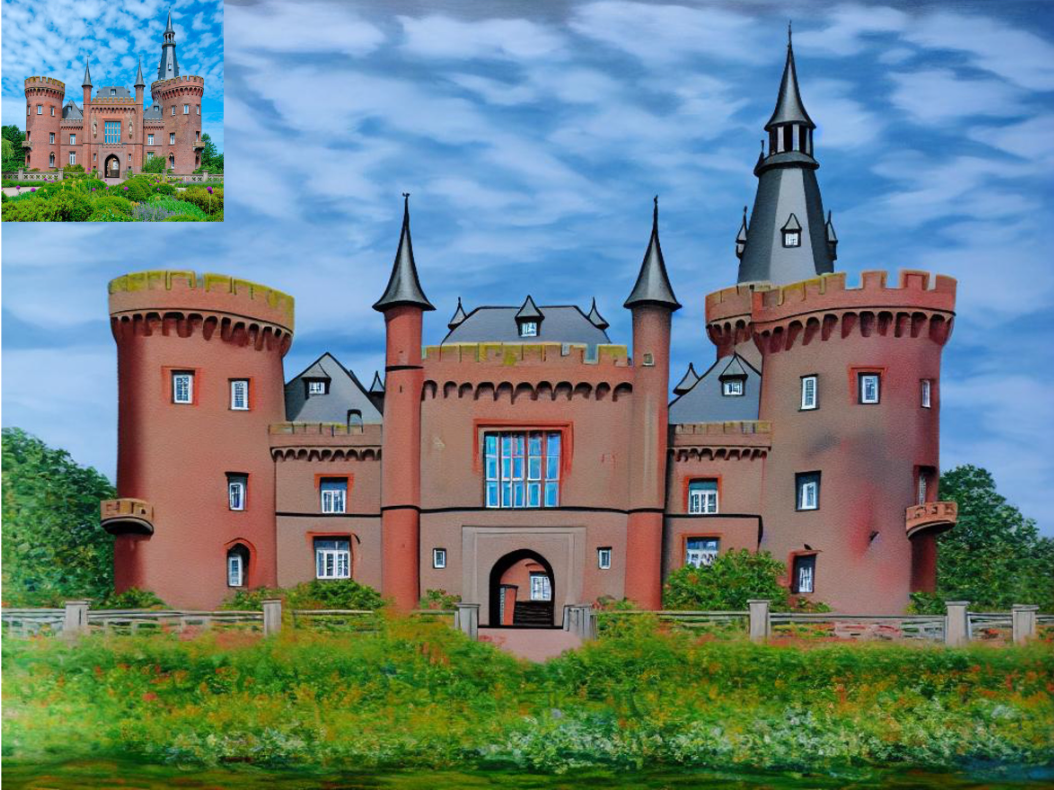 A painting of a castle in the style of Claude Monet