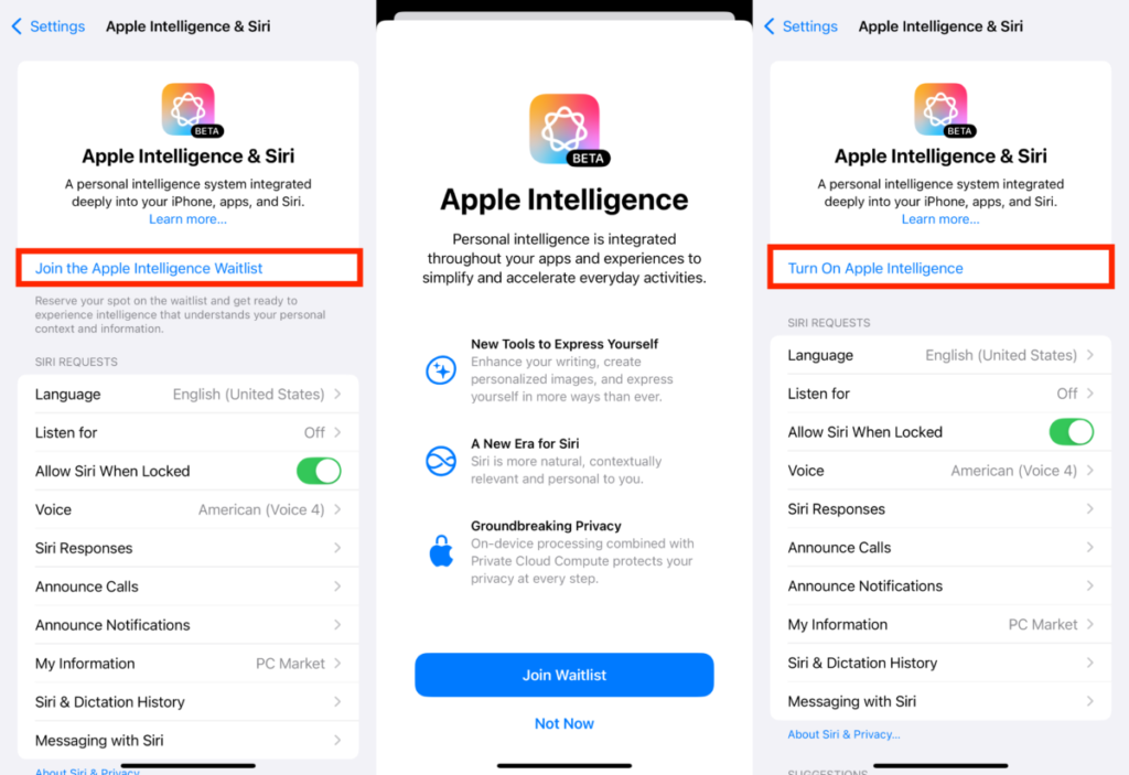 需要加入輪候名單等候使用 Apple Intelligence，現在輪候的人不多，等分鐘就會發現加入輪候名單的連結會變成「Turn On Apple Intelligence （開啟 Apple Intelligence）」。