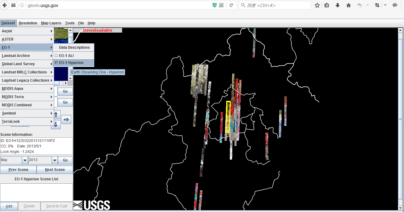在Dataset中选择EO-1卫星的Hyperion；Resolution选择1000m；Map Layer中选择Admin Boundaries；在鹰眼视图中大致选择研究区位置（北京为例），或者直接输GPS