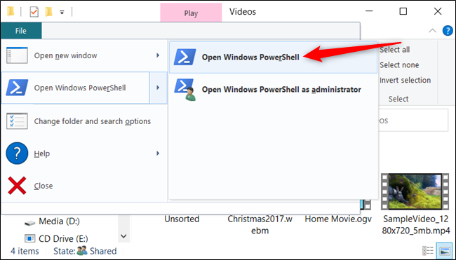 Click File > Open Windows PowerShell > Open Windows PowerShell to open Windows PowerShell.