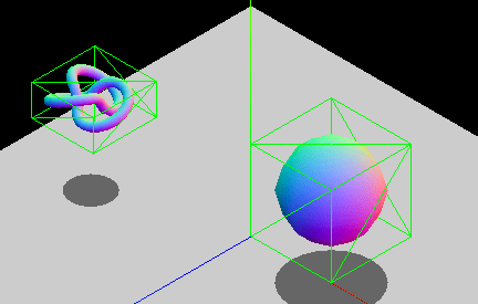 Two 3-D non-rectangular objects floating in space, surrounded by a virtual rectangular box.