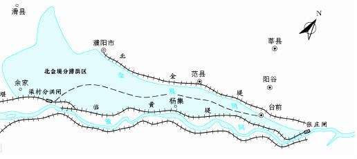 王景治理黄河时所筑南堤南侧由于取土,明代1453年徐有贞开凿广济渠,清