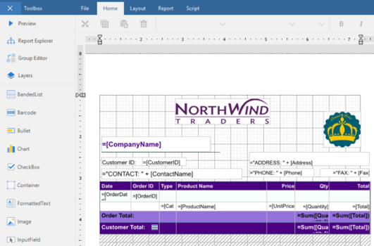 Controls in the DesignerIncludes BarCode, Bullet, Chart, CheckBox, Container, Formatted Text, Image, Line, OverflowPlaceholder, Shape and TextBox.