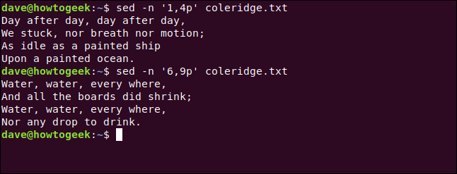 The "sed -n '1,4p' coleridge.txt" and "sed -n '6,9p' coleridge.txt" commands in a terminal window.