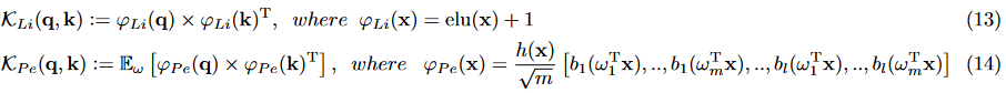 除了依赖于低秩先验，一些工作基于广义可核注意力(generalized kernelizable attention)提供近似，如公式11所示，其中核函数逐行应用于中的每一对，是公式12中定义的归一化因子。Linear Transformer基于elu核设计了一个简单的特征映射，如公式13所示。因此，它避免了二次注意力矩阵，将时空复杂度降低到和。Performer基于正交随机特征(ORFs)映射实现无偏低方差估计，如公式14所示，其中是基函数，是范数函数，是正交随机特征，采样自分布。