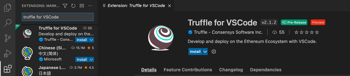 View of the Truffle for VS Code Extension in the VS Code editor