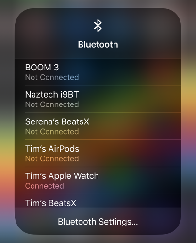 The "Bluetooth" menu in Control Center.