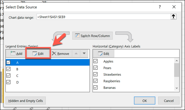 Select your data series, then click the "Edit" button.